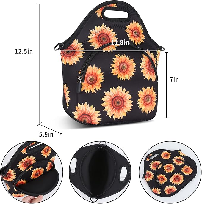 Violet Mist Neoprene Floral Lunch Bag, Sunflower, 12.6"L x 11.8"H x 6.3"W, Adjustable Shoulder Strap, Waterproof, Eco-Friendly