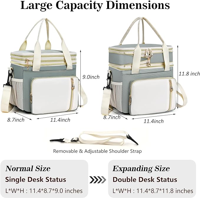 LOKASS Lunch Box for Women, 16L, Double Deck Expandable Insulated Lunch box For Adults/Women Thermal Large Waterproof Leakproof Cooler Bag with Shoulder Strap - Grey Green