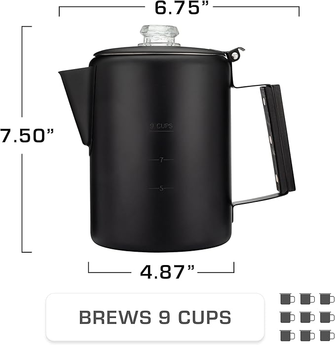 COLETTI Black Bozeman Percolator Coffee Pot — Camping Coffee Pot, Coffee Percolator – America’s Sleekest Percolator – Pure Stainless Steel, NO Aluminum or Plastic (9 Cup)