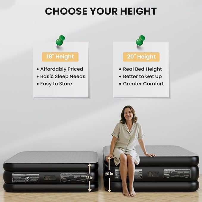 OhGeni 20" Luxury Full Air Mattress with Built-in Pump, Inflatable Bed with Silk Foam Topper for Superior Comfort, Premium Blow-Up Mattress for Home, Camping & Guests, Easy Setup, Extra Support, Black