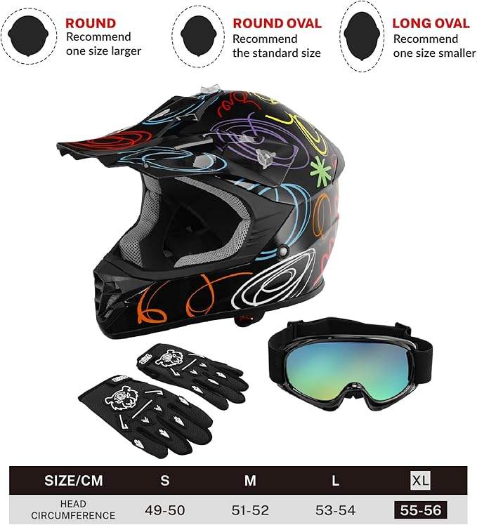 TCT-MOTORPARTS DOT Youth Kids Motocross ATV Helmets Offroad Street Dirt Bike Go-Kart BMX MX Full Face Helmet Black w/Graffiti X-Large Size
