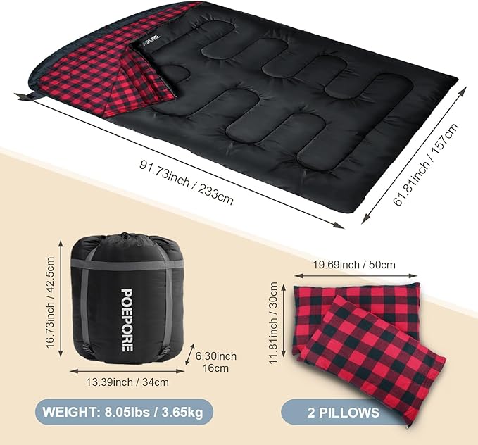 Double Sleeping Bag Flannel for Adults with 2 Pillows 2 Person Sleeping Bags Camping XXL Queen Size Two Person Sleeping Bag for Cold Weather