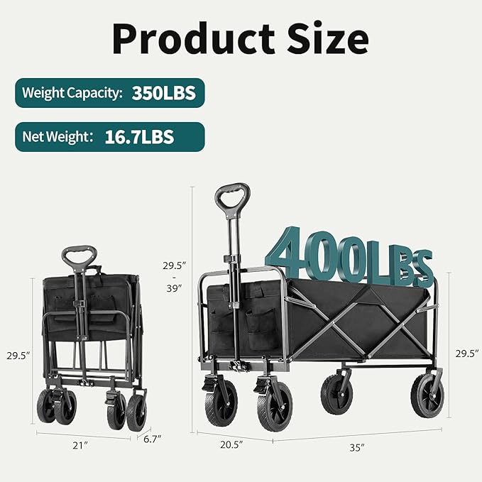 Collapsible Wagon Cart Foldable, 35" L Folding Beach Wagon with All-Terrain Wheels, Shopping Cart with 350lbs Capacity, Portable Camping Wagons Carts for Grocery Garden and Sports, Modern Black