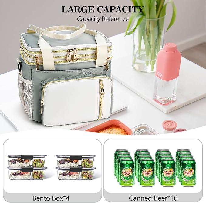 LOKASS Lunch Box for Women-16L-Insulated Lunch Bag Women, Expandable Double-layer Leakproof Cooler Bag with Upgrade Adjustable Shoulder Strap Ideal for Work/Travel/Picnics（Olive Green）