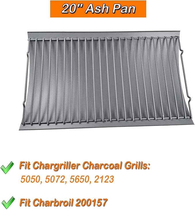 MixRBBQ 20 inch Ash pan with 2pcs Fire Grate Hanger for Chargriller 5050, 5072, 5650, 2123 Charcoal Grills, Char-Griller Model 200157(20" x 12 3/4"), Replacement Part 20" Drip Pan