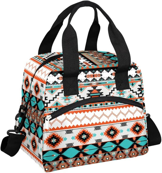 Western Style Insulated Lunch Bags for Women Men Adult Ethnic Aztec Geometric Reusable Lunch Tote Therma Cooler Bag with Shoulder Strap Lunch Box for School Work Office Picnic Meal Prep Bag