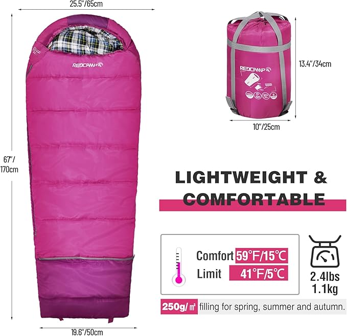 REDCAMP Kids Mummy Sleeping Bag for Camping, 3 Season Cold Weather Sleeping Bag Fit Boys,Girls & Teens, Blue/Rose Red
