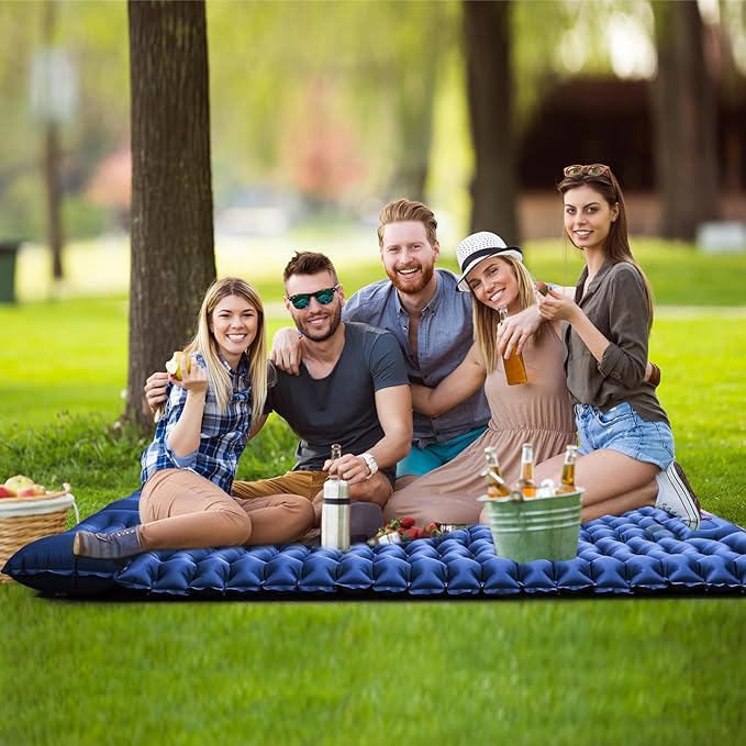 Double Sleeping Pad for Camping, Self Inflating 4" Extra-Thick Camping Mattress Pad 2 Person with Pillow, Built-in Foot Pump, Ultralight Camping Bed Mat for Backpacking Hiking Traveling Tent