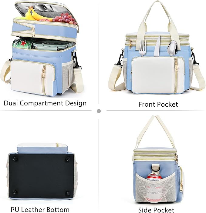 LOKASS Lunch Box for Women, 16L, Double Deck Expandable Insulated Lunch box For Adults/Women Thermal Large Waterproof Leakproof Cooler Bag with Shoulder Strap - Sky Blue