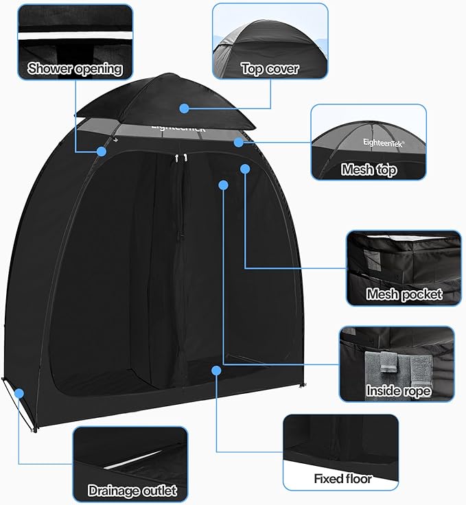 EighteenTek Camping Shower Tent Changing Room with Fixed Floor 2 Rooms and Doors Outdoor Pop Up Camping Toilet Portable Privacy Dressing Shelter with Carry Bag 83"x43"x80"