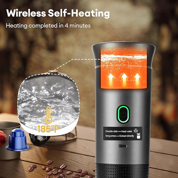 Portable Coffee Maker for Travel, 20 Bar Espresso Coffee Machine with USB-C,3-In-1 Travel Coffee Maker Self-Heating, Compatible with Ground Coffee & Capsule for Hiking,Office,RV（gray）