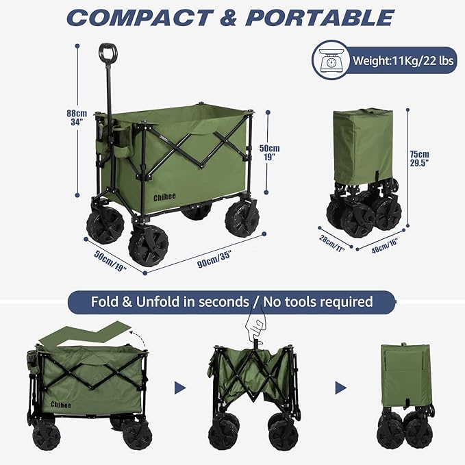 Chihee Folding Beach Wagon Cart, Army-Green, Large Capacity, Removable Fabric, Portable, Lightweight, with Braking System, for All-Terrain Wheels, Ideal for Camping Trips