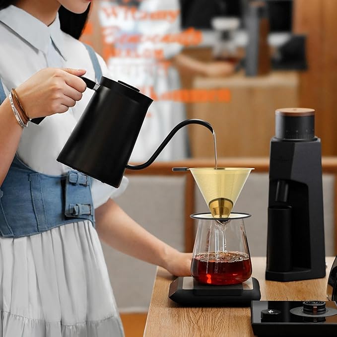 Pour Over Coffee Dripper Filter: Reusable Stainless Steel Coffee Filters - Metal Cone Filter Paperless Single Cup Coffee Maker 1-4 Cup with Double Mesh & Non-slip Cup Stand Gold