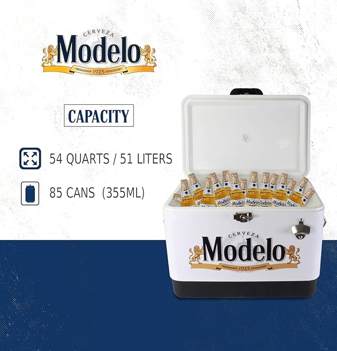 Modelo Ice Chest Cooler - Portable Ice Bucket with Bottle Opener, Vintage Style, Insulated for Camping, Beach, Picnic, RV, BBQs, Tailgating, Fishing, Stainless Steel 85 Can Ice Box, 51L (54 qt)