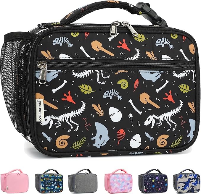 Insulated Lunch Box for School, Thermal Reusable Durable Freezable Lunch Bags for Kids Boys Girls Men Women - Small Soft Cooler Portable Lunch Tote Kit for Work Picnic Travel,Dinosaur Fossil
