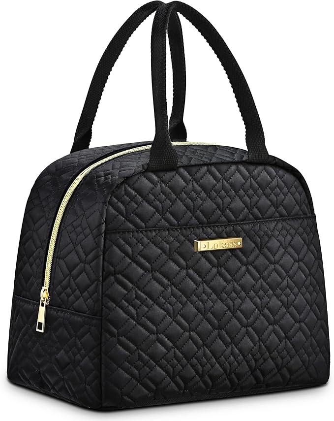 LOKASS Lunch Bag Women Insulated Lunch Box Thermal Lunch Tote Bags for Adults Work(Black-Embroidery)
