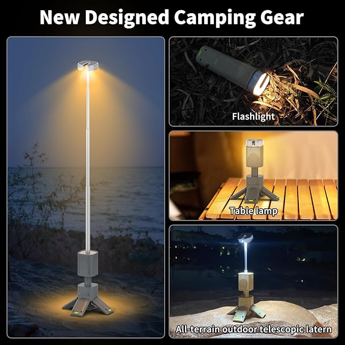 Camping Lantern, 14000mAh Rechargeable Telescopic Camping Lights Built-in Magnetic Stand with Speaker, Portable Waterproof Outdoor LED Flashlight for Emergency, Hiking, Camping, Fishing -Khaki