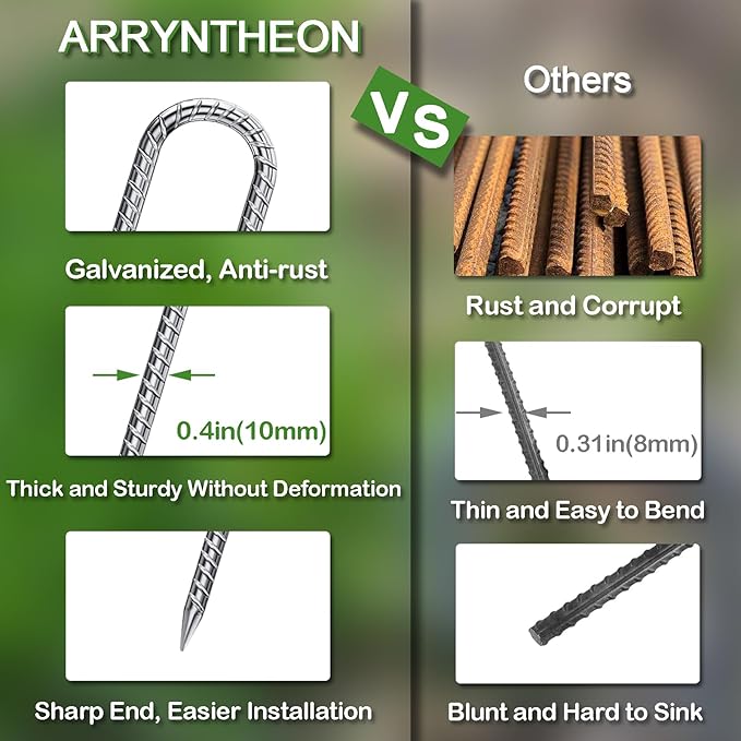 Rebar Stakes 12 Inch 10 Pack Tent Stakes Heavy Duty Metal J Hook, Fence Stakes for Trampoline, Fence, Camping Tent (9, J-16 x2/5")