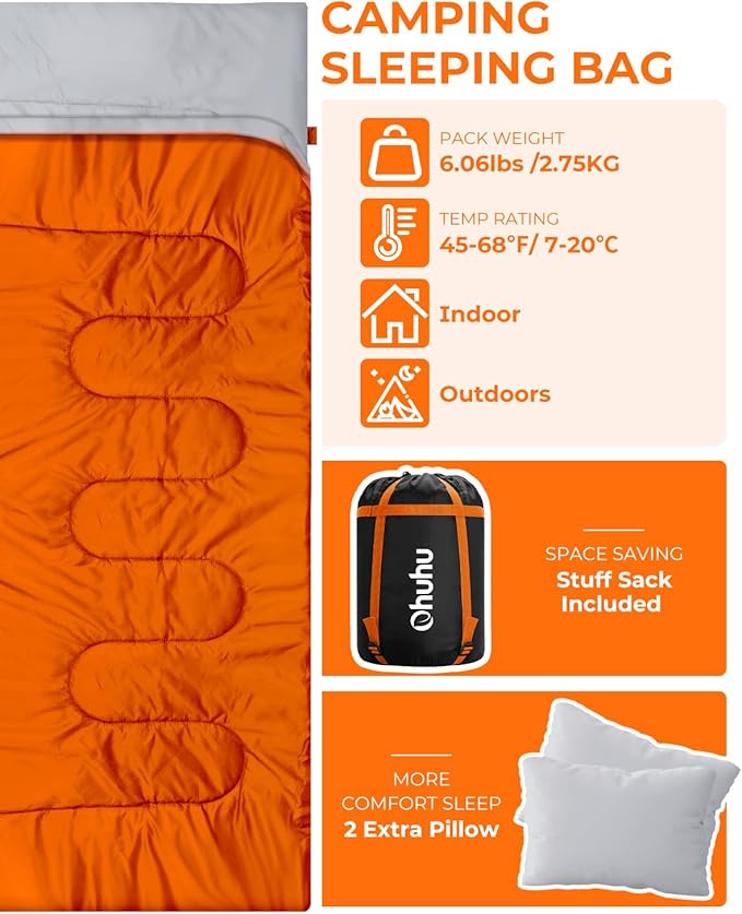Ohuhu Double Sleeping Bag for Adults with 2 Pillows, Queen Size Two Person Sleeping Bag for Camping Hiking Backpacking 2 Person Sleeping Bags for Cold Weather & Warm