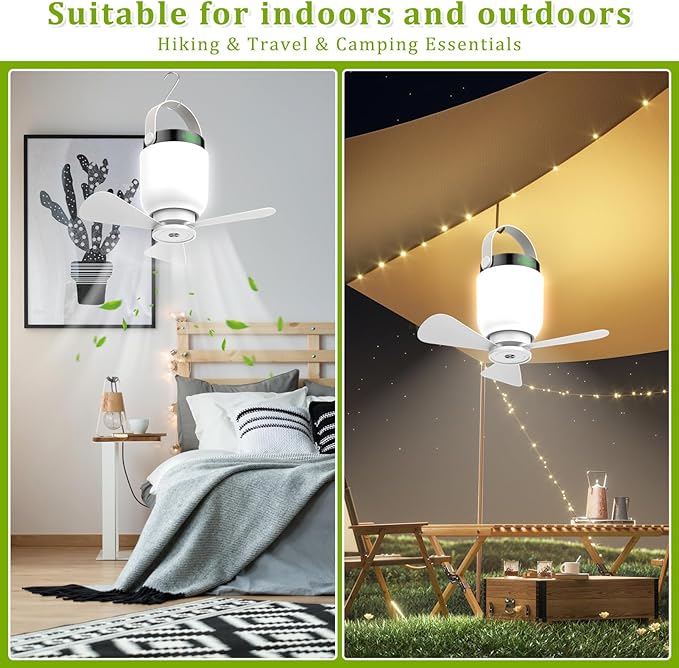 2 in 1 Camping Fan with LED Lantern, Rechargeable Camping Lights with Remote Control, Portable Outdoor Umbrella Ceiling Fan with Dimmable Light Hanging Outside for Patios, Tent, RVs, Gazebo