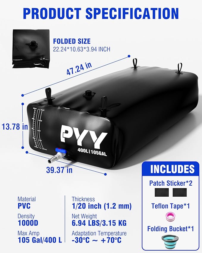 PYY Portable 105 Gallon Water Bladder - Truck Bed,Carrier Cart Large Water Bob Bathtub Emergency Water Bladders for Outdoor RV & Car Camping,Water Bladder Tank with Spigot,Overflow Kit-Black 400L