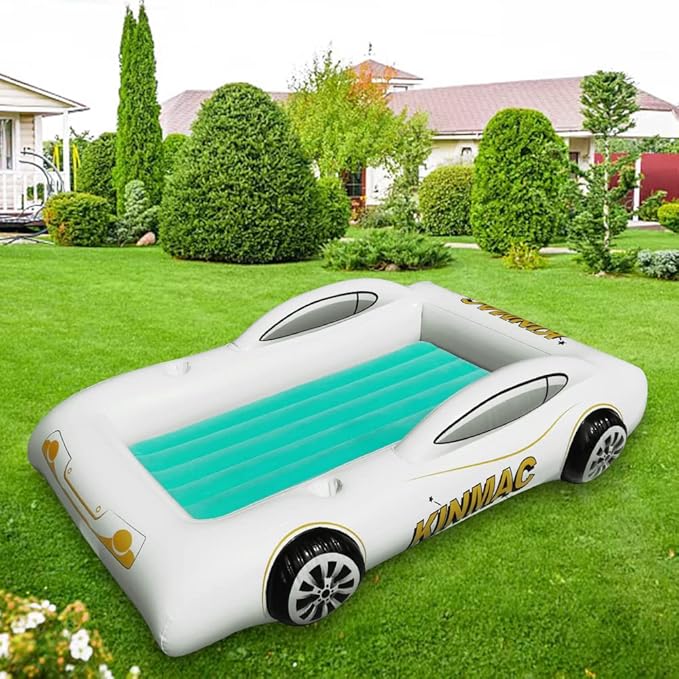 KINMAC Inflatable Toddler Travel Bed- Portable Travel Toddler Air Bed for Kids Camping Air Mattress Racecar Toddler Bed with Sides Blow Up Mattress Sleeping Pad for Camping Car Travel Sleeping(Green)