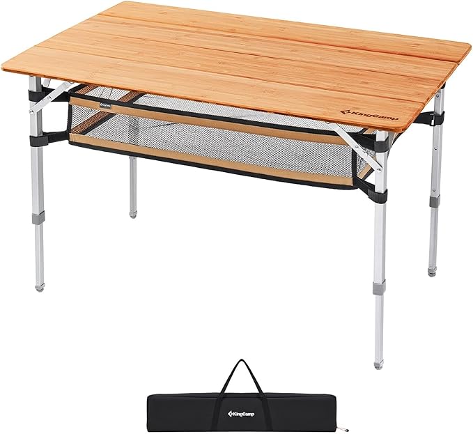 KingCamp Lightweight Stable Bamboo Folding Camping Table Bamboo Outdoor Folding Tables Adjustable Height Portable Picnic