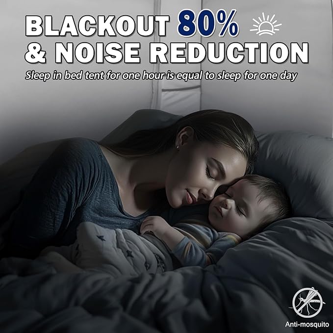 Bed Tent - Rectangular, Modern Style, White, 75"W x 54"L, 80% Blackout, 3 Doors, Breathable, Easy to Install