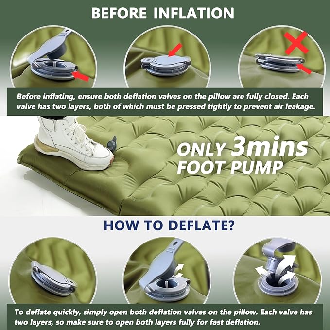 Double Sleeping Pad for Camping - 6" Ultra-Thick Camping Mattress with Pillow, Built-in Foot Pump, Compact 2-Person Portable Camping Mat for Backpacking, Hiking, Car Traveling, Beach, Tent