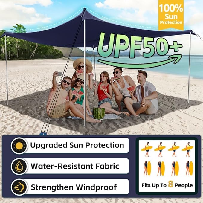 Beach Shade Tent, Portable Easy Pop Up Beach Canopy, UPF50+ Sun Protection Shelter, Windproof & Water Resistant, Perfect for Family