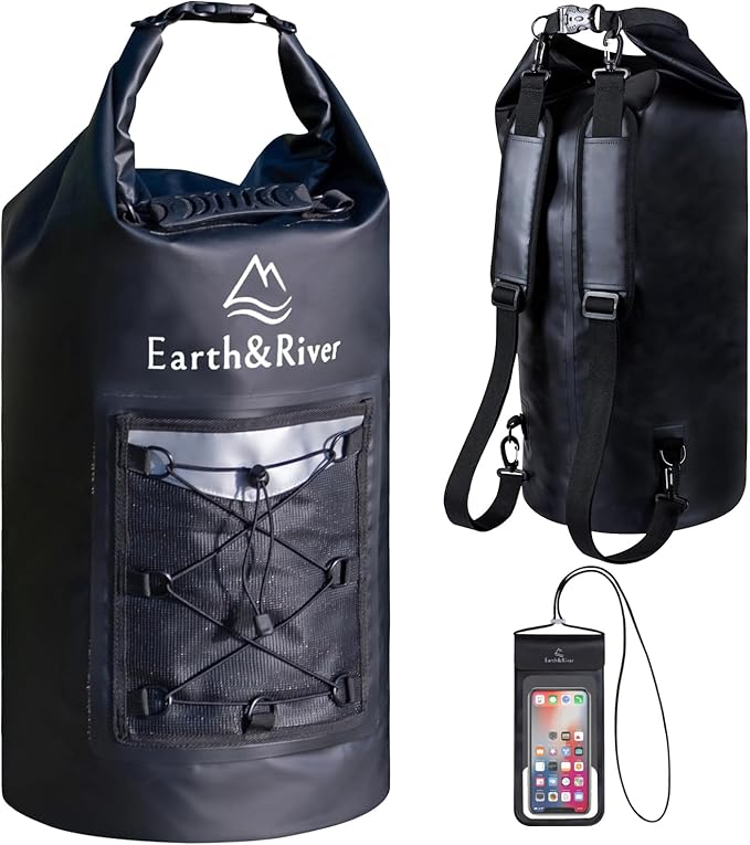 EARTH&RIVER Premium Dry Bag Backpack, Extra Thick, Protection for All Water Activities & Camping, Floating Lightweight Dry Bag with Inside Pocket Storage & IPX8 Waterproof Phone Case (Black, 40L)