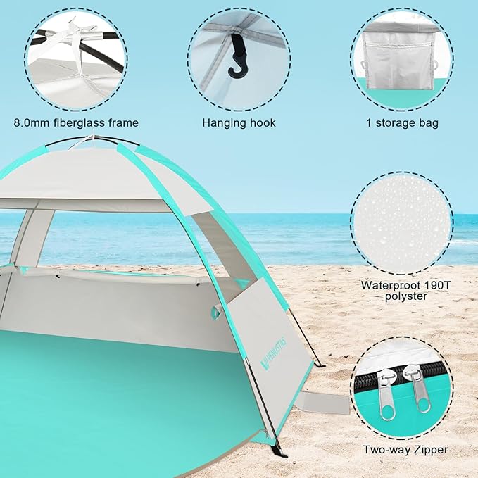 Venustas Beach Tent Sun Shelter for 3-10 Person, UPF 50+ UV Protection Canopy, Lightweight and Easy Setup Cabana, Portable Beach Shade