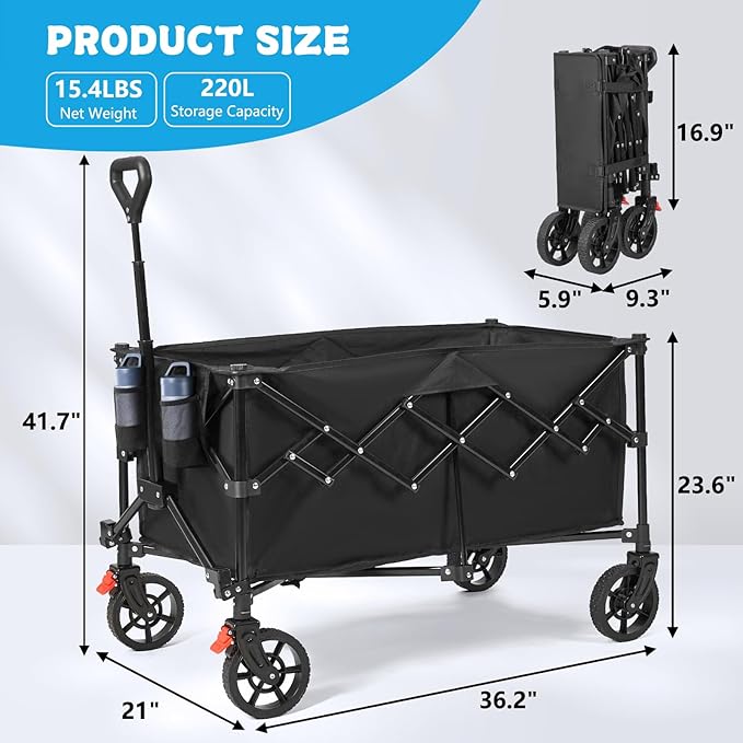 Collapsible Wagon Cart Foldable, 220L Extra Large Heavy Duty Utility Wagons with 350lbs Weight Capacity, Portable Large Capacity Garden Cart for Camping Beach Grocery Shopping, Black