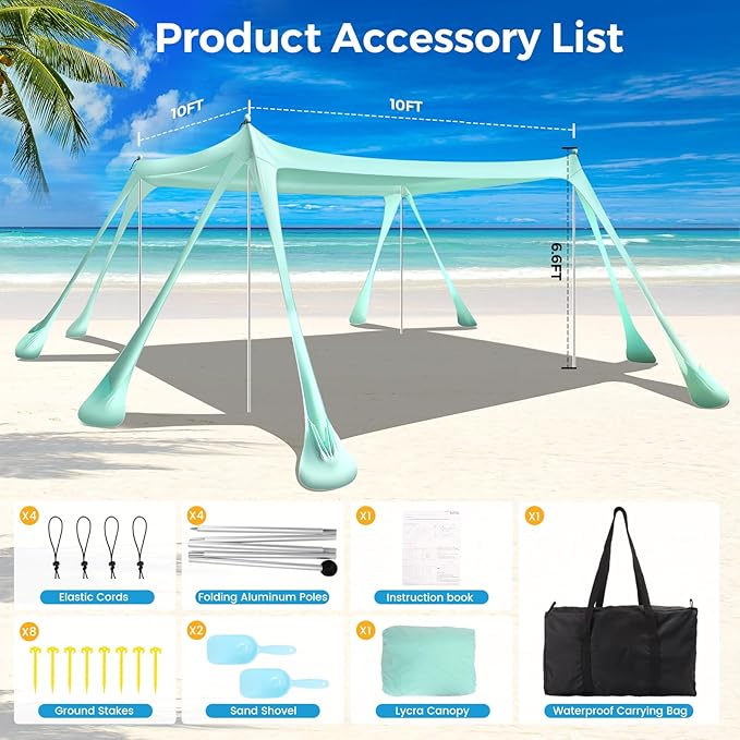 Large Beach Tent Canopy Pop Up Shade 10x10ft Sun Shelter Portable with UPF50+ UV Protection 8 Sandbags 4 Aluminum Poles 2 Sand Shovel Ground Pegs Carrying Bag for Outdoor Camping Fishing Yard Picnics