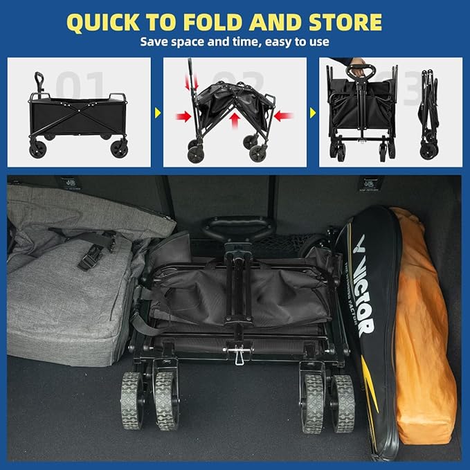 Collapsible Wagon Cart Heavy Duty Foldable, Large Capacity Foldable Grocery Beach Wagon for Camping Sports Shopping, Black