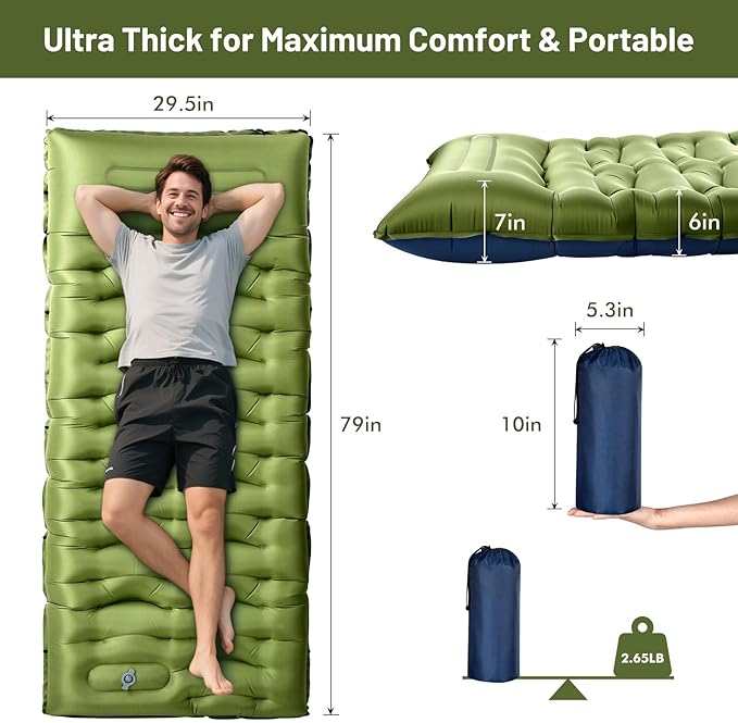 KASBAH Camping Sleeping Pad,6 inch Thick Inflatable Camping Mattress with Built-in Foot Pump and Pillow,Ultralight Sleeping Mat Backpacking Gear for Outdoor Hiking,Camping, Traveling and Tent