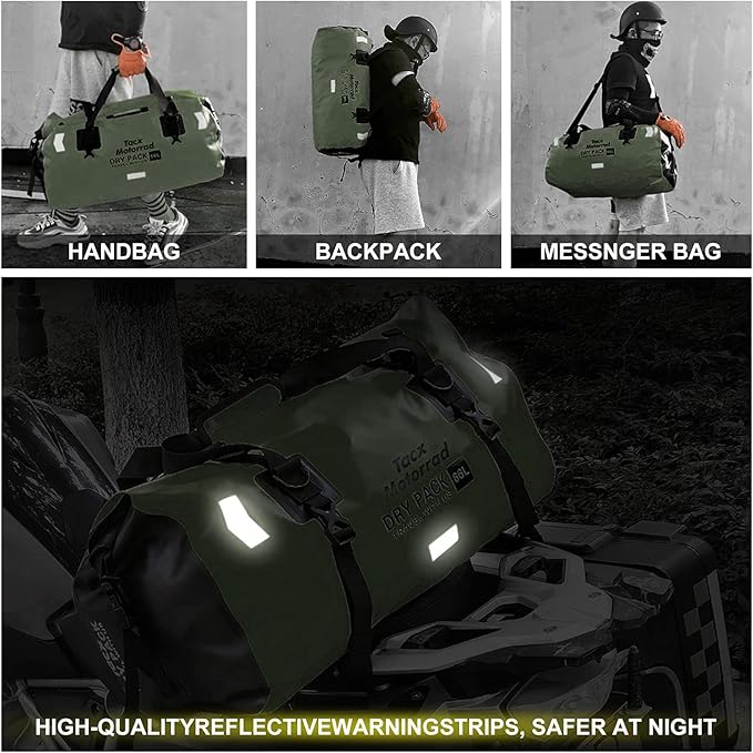 Waterproof Duffel Bag for Men/Women, Roll-top Dry Backpack Duffel Bag with Quick-fixed Straps, Motorcycle Tail Saddle Bag for Motorcycling, Rafting, Boating, Kayaking, Travel, 48L-Green