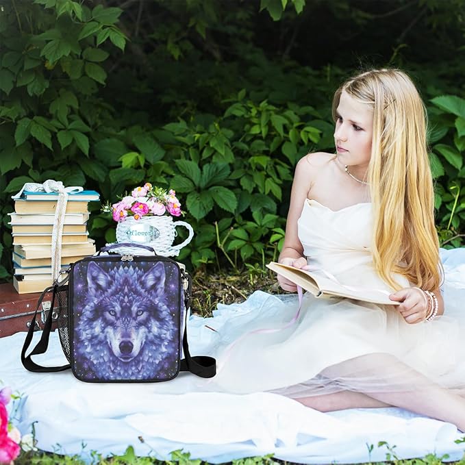 cfpolar Wolf Lunch Box for Boys Girls, Insulated Lunch Bags for Kids Reusable Mini Cooler Lunch Tote Lunchbox Thermal Meal Tote Kit with Shoulder Strap for Work School Picnic