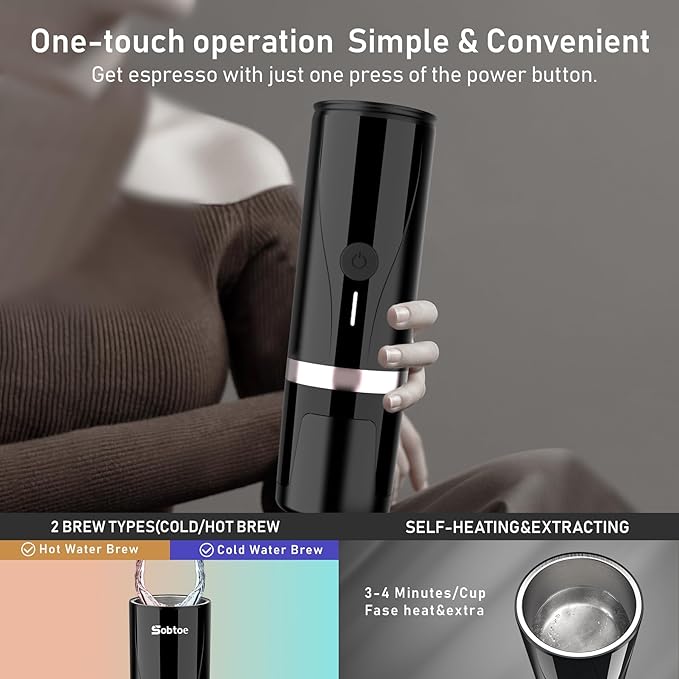 Portable Espresso Machine, Self-Heating Electric Portable Espresso Maker,20 Bar Mini 12V 24V Car Coffee Maker with NS Pods & Ground Coffee for Travel, Camping, Office, Home(Black)