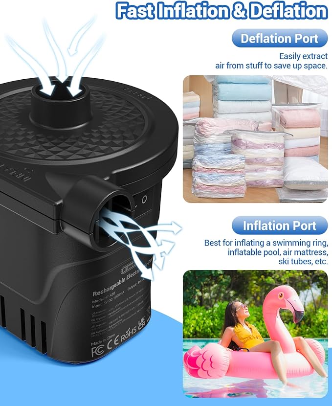 Dr.meter Air Pump for Inflatables, Rechargeable 4000mAh Battery Air Mattress Pump - Portable Quick-Fill Inflator Deflator for Outdoor Camping Inflatable Pool Float Boat Raft Yoga Ball Swim Ring Airbed