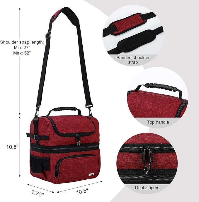 MIER Dual Compartment Lunch Bag Tote with Shoulder Strap for Men and Women Insulated Leakproof Cooler Bag, Dark Red
