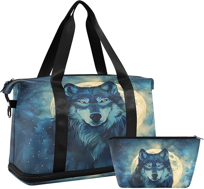 Wolf Moon Night Travel Duffel Bag Waterproof Gym Sport Tote Bag Carry On Weekender Bag with Compartment
