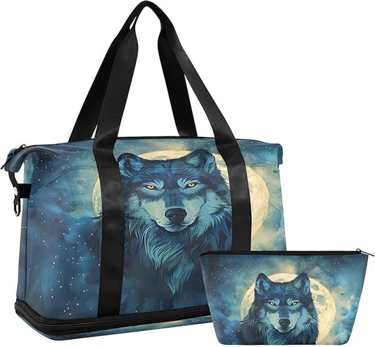 Wolf Moon Night Travel Duffel Bag Waterproof Gym Sport Tote Bag Carry On Weekender Bag with Compartment