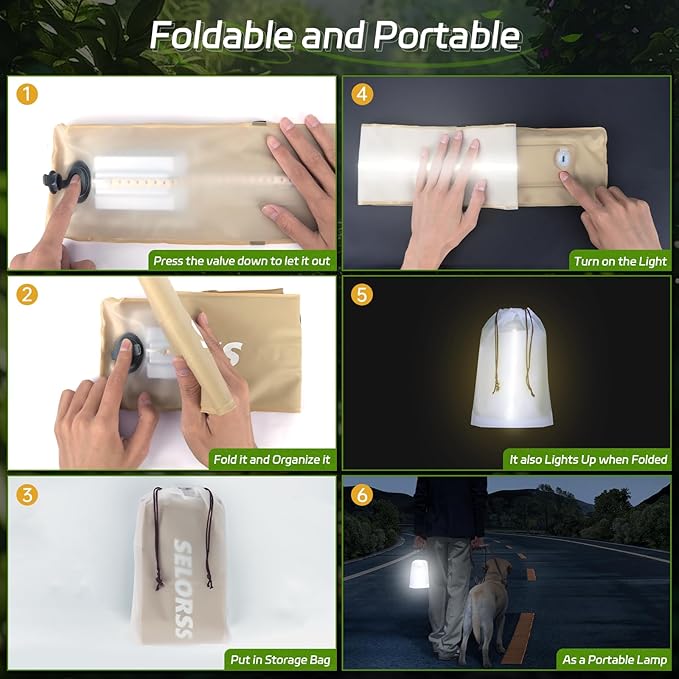SELORSS Inflatable Outdoor Camping Light, Meets IP66 Waterproof Standard, Provides 2000 mAh Charging, Suitable for Camping, Hiking, Traveling and Other Outdoor environments.