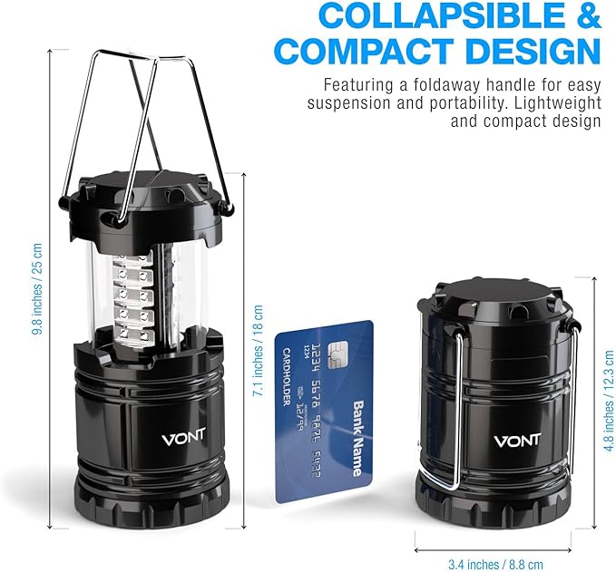 Vont 4 Pack LED Camping Lantern, LED Lanterns, Suitable Survival Kits for Hurricane, Emergency Light for Storm, Outages, Outdoor Portable Lanterns, Black, Collapsible, (Batteries Included)