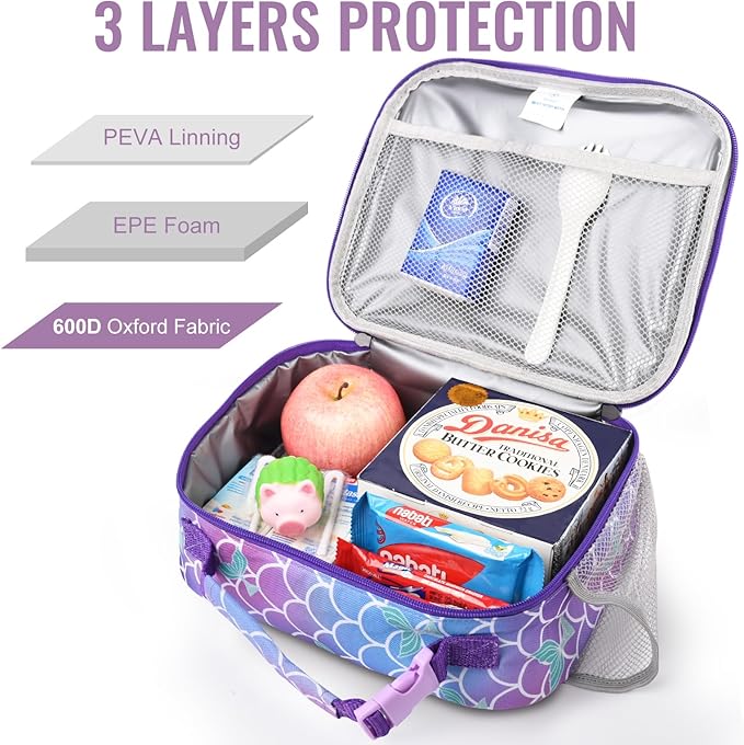 Genteen Lunch Box Kids, Prints Insulated Lunch Bag Kids Boys Girls,Soft Bag Mini Cooler Back to School Thermal Meal Tote Kit Lunch Box for School,Work,Outdoor (Mermaid)