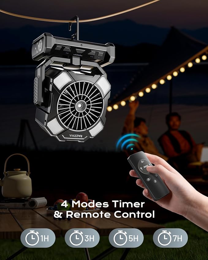 Portable Misting Fan, Camping Fans with Remote, 24000mAh Rechargeable Battery Cooling Fan for Outdoors Patios, Rechargeable Fans 270° Adjustable, Hanging & Lighting for Outdoor Indoor cooling