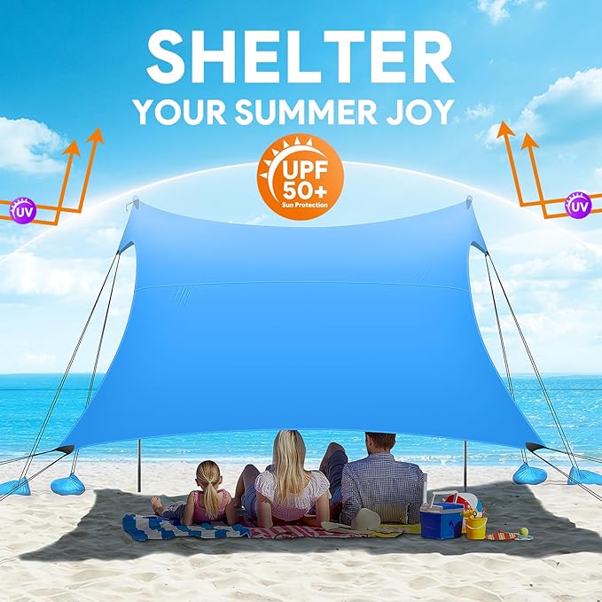 Beach Tent Sun Shelter, 10 x 10 FT Beach Canopy Tent Sun Shade Heavy Duty, UPF50+ Beach Tent Canopy with 8 Sandbags & 4 Stability Poles, Outdoor Beach Tent for Beach Camping Fishing, Sky Blue