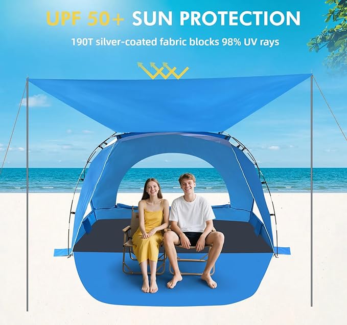 Beach Tent, Portable Sun Shelter for 2/3/4/6-8 Person with UPF 50+ UV Protection, Easy Setup Waterproof Beach Shade Canopy Cabana for Family Outdoor and Picnics, Fishing with Carrying Bag