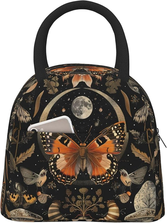Orange Butterfly Moon Lunch Bag Lunch Box for Women Men Boys Girls, Reusable Insulated Lunch Tote Bag, Leakproof Thermal Cooler Sack Food Handbags High Capacity for Work School Picnic Camping Gifts